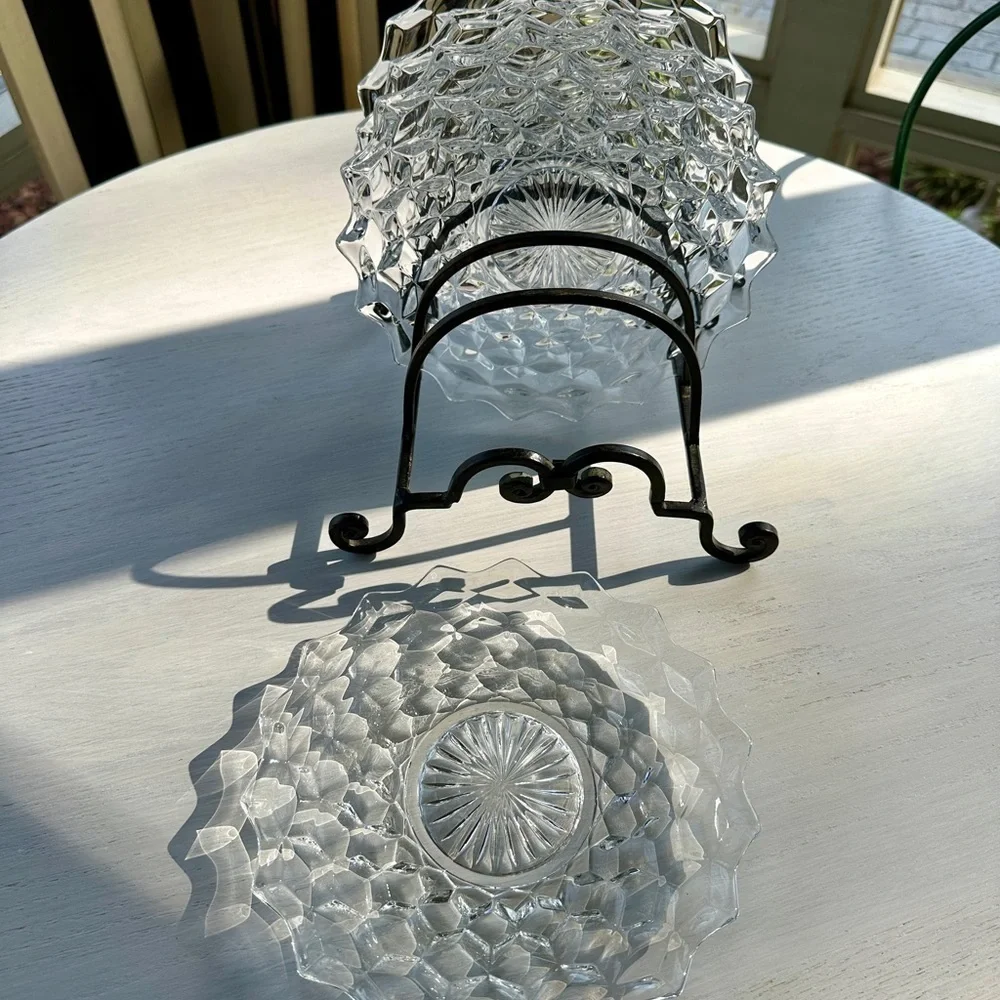 1940’S AMERICAN FOSTORIA, SET/4, 7 3/4” SALAD PLATES. CLEAR, HEAVY PRESSED GLASS